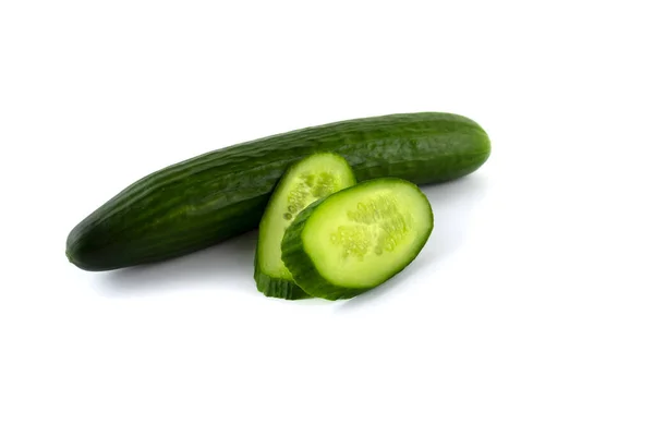 Whole Green Cucumber Juicy Slices Isolated White Close — Stock Photo, Image