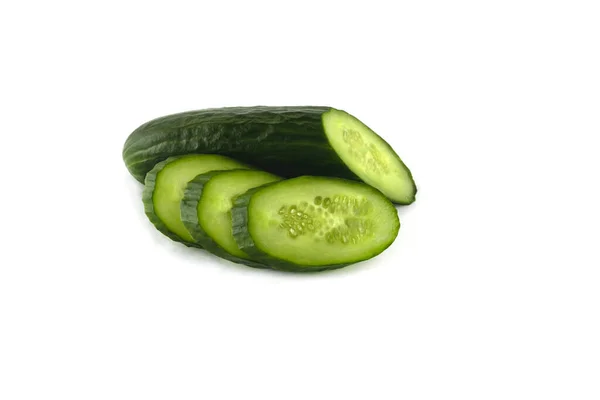 Whole Half Juicy Green Cucumber Sliced Isolated White Background Close — Stock Photo, Image