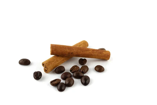 Coffee Beans Cinnamon Sticks Isolated White Background Close — Stock Photo, Image