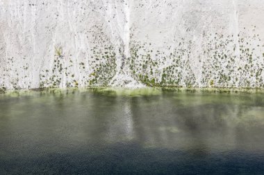 Ağaçlarla kaplı dik bir dağın altındaki göl.