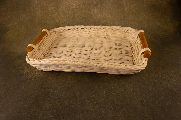 Wicker Bread Basket Tray Close Dark Background — Stock Photo, Image