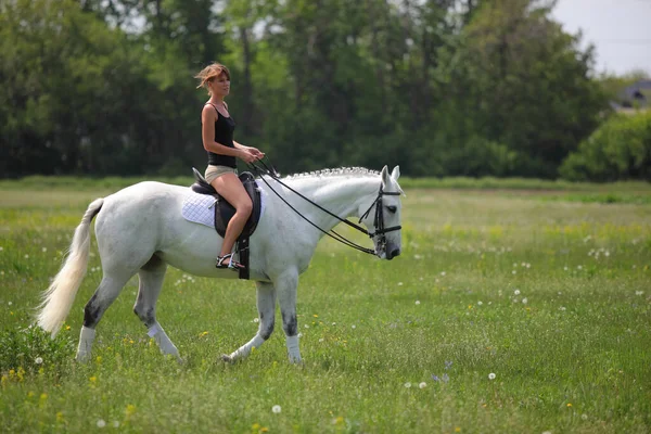 Belle Fille Blonde Chevauchant Cheval Dans Prairie Été — Photo