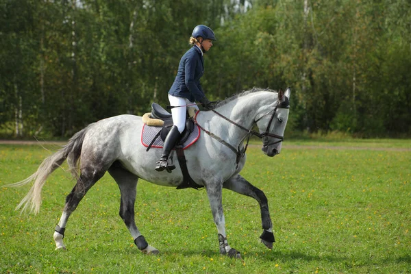 Jeździecki Model Dziewczyna Jazda Sportowe Ujeżdżenie Konia Letnie Pola — Zdjęcie stockowe