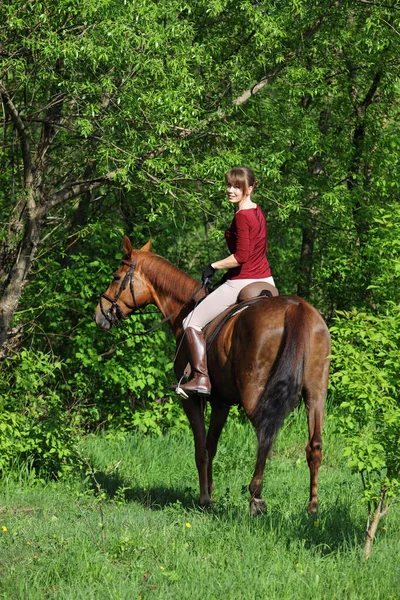 美しいですモデル女の子乗り物で馬で森の中グレードで日没 — ストック写真