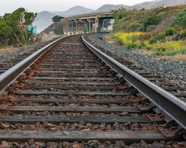 Paralel tren rayları, uzak köprünün altından geçen tren yolu köprüsüne çıkıyor..