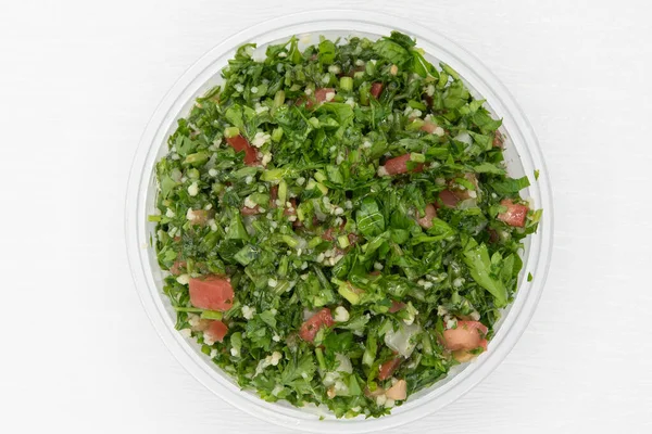 Vue Aérienne Salade Tabouli Présentée Dans Bol Transparent Pour Repas — Photo