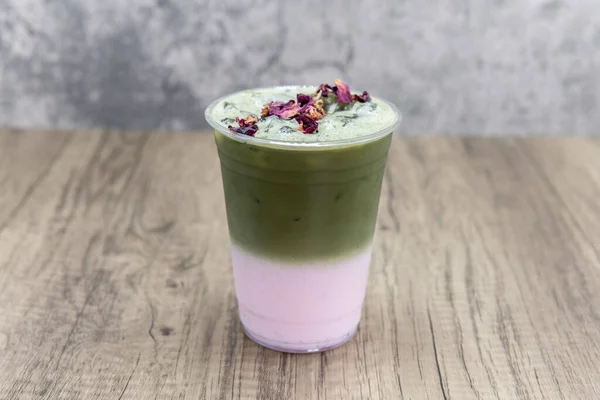 Rose Matcha Latte Cold Beverage Mixes Iced Boba Drink Refreshing — 스톡 사진
