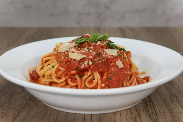 Herzhafte Schüssel Spaghetti Marinara Sauce Für Den Besonderen Appetit Auf — Stockfoto