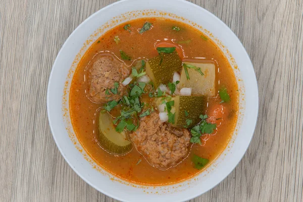 Vista Aérea Del Tazón Abundante Sopa Albóndigas Albóndigas Servida Caliente — Foto de Stock