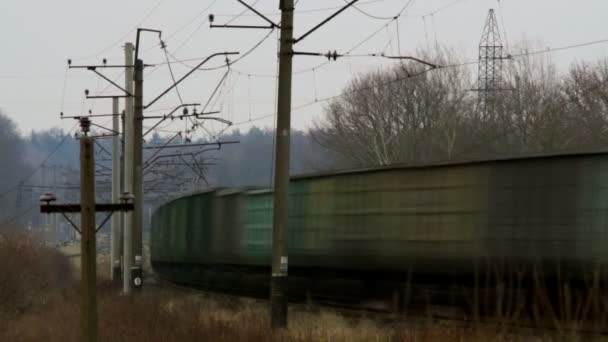 Pociąg towarowy przechodzi szybki Przejazd kolejowy — Wideo stockowe