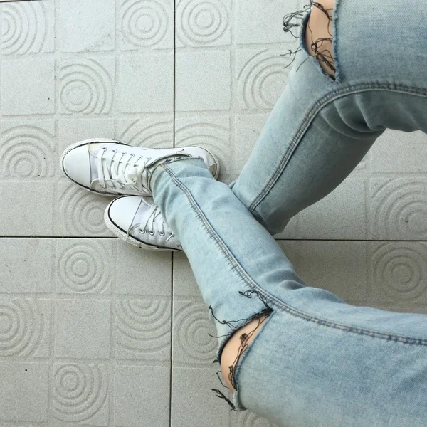 Nohou a nohou při pohledu shora. Selfie — Stock fotografie