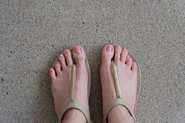 Female Legs in Fashion Shoes or Flip Flop Isolated on a Ground Background — Stock Photo, Image