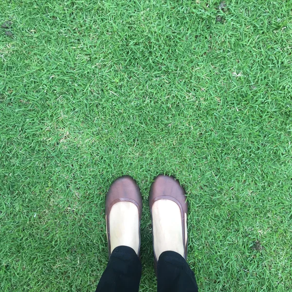 Närbild på snygga kvinnliga skor. Foten står på The Grass sett från ovan — Stockfoto