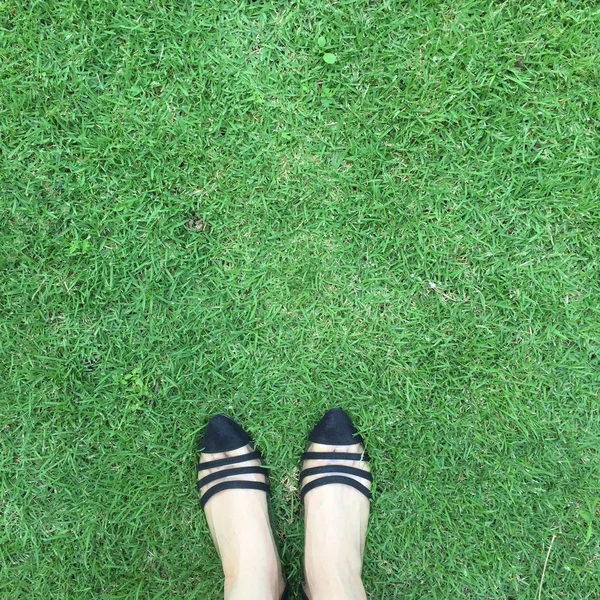 Zbliżenie na stylowe buty kobiece. Zewnątrz Moda Buty obuwie koncepcja na tle trawy — Zdjęcie stockowe