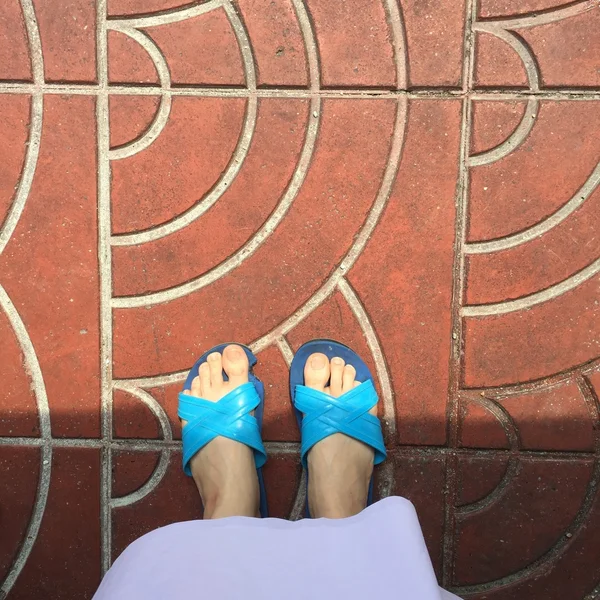 Primer plano de las zapatillas azules de una mujer Caminando budista en la calle o tierra para la relajación y la meditación —  Fotos de Stock