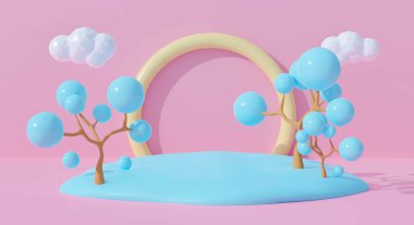Pastel arka planda 3 boyutlu pembe podyum. Soyut geometrik şekiller ve sevimli gökkuşağı. Yaratıcı fikirler en az yaz bulutu ve ağaç çizgi filmindeki çocuk kadar. Kalıpsal kazanan için 3d hazırlama, ürün modelleme tasarımı.