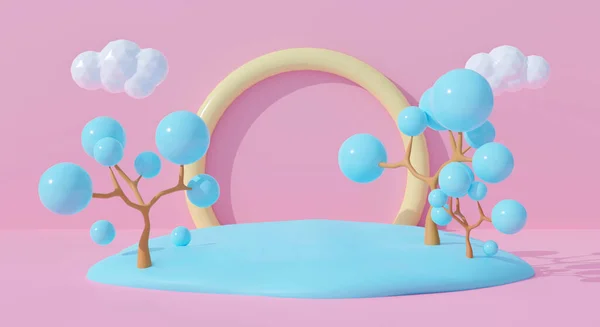 Pastel arka planda 3 boyutlu pembe podyum. Soyut geometrik şekiller ve sevimli gökkuşağı. Yaratıcı fikirler en az yaz bulutu ve ağaç çizgi filmindeki çocuk kadar. Kalıpsal kazanan için 3d hazırlama, ürün modelleme tasarımı.