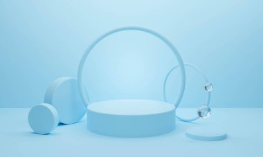3D mavi podyum, arka planda soyut geometrik şekiller. Kazanan kaide için 3D görüntüleme, ürün modelleme tasarımı. Modern yaratıcı fikirler asgari.