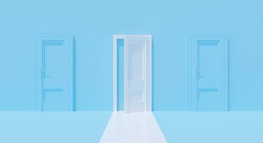 3D mavi duvar, beyaz açık kapı, pastel arka plan soyut. Kavramsal yaratıcı fikirler çok az. 3D numaralı oda başarılı işler için, tek başına bir konsept. Evin içinde..