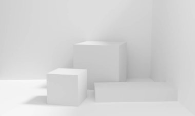 Stüdyo odasında geometrik şekilli soyut beyaz arkaplan dokusu. Web sitesinde ürün için 3D hazırlama. Gri ekran podyum sahnesi olan en az model. Reklam afişi için boş bir vitrin.