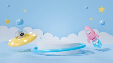 Pastel mavi arka planda 3D beyaz podyum. Uzay gemisi ve roket gemisinde astronot çocuk olan UFO. 3 boyutlu tasarım, kaide, ürün ve sahne tasarımı. Yaratıcı fikirler asgari tasarım.