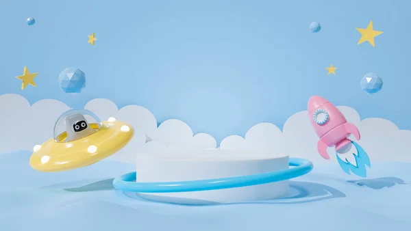 Pastel mavi arka planda 3D beyaz podyum. Uzay gemisi ve roket gemisinde astronot çocuk olan UFO. 3 boyutlu tasarım, kaide, ürün ve sahne tasarımı. Yaratıcı fikirler asgari tasarım.