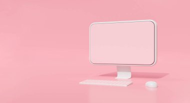 Tatlı pastel arkaplan üzerindeki bilgisayar görüntülemesi kopyalama alanı ile özetlenebilir. Modern masaüstü bilgisayarı pembe renkli ve klavye fareli. Yaratıcı fikirler asgari tasarım. İletişim konsepti.