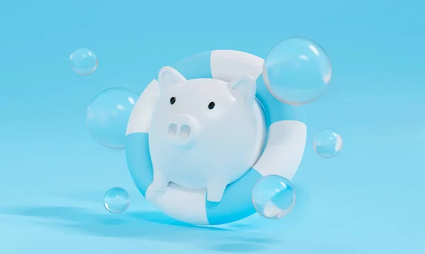 Banco Piggy Branco Fundo Azul Pastel Abstrato Com Anel Piscina — Fotografia de Stock