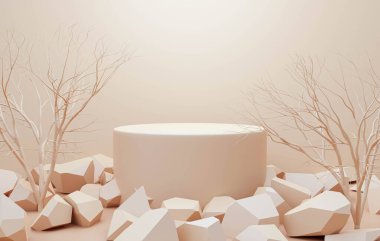 3D ürün sergilenen, taş taşlı podyum standı. Geometrik şekilli soyut bej arka plan sahnesi. Güzellik ürünleri için sonbahar bitkileriyle kahverengi kaide masası. En düşük tasarım.