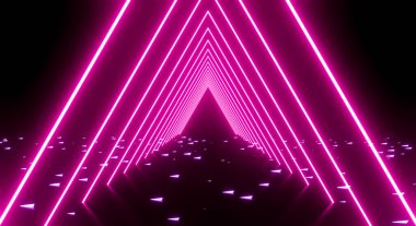 Parlayan pembe neon üçgen ışık efektinin 3 boyutlu görüntüsü. Parlayan çizgiler, tünel, lazer gösterisi ve karanlık koridor aydınlatması. Modern fütürist soyut mor arkaplan dokusu.