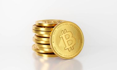 Üç boyutlu altın işleme Bitcoin işi beyaz arka planda soyutlandı. Coin BTC 'yi ısırdı. Engelleme teknolojisi konsepti. Kripto para birimi veya kripto para birimi sembolü.