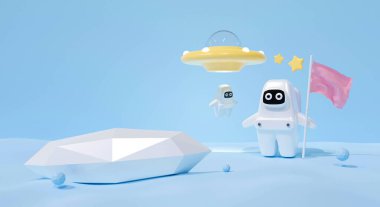 3D mavi pastel arka plan soyut sahne. Uzay gemisindeki sevimli astronot çocuk ve UFO oyuncağı. Beyaz podyum kaidesi, afiş, ürün ve sahne tasarımı için 3D tasarımı. Yaratıcı fikirler asgari