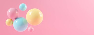 Kabarcık partili 3 boyutlu pembe arkaplan dokusu. Sergi ürünü, arkaplan, web sitesindeki afiş için gerçekçi 3D görüntüleme. Pastel renkte parlak toplardan oluşan en az model..