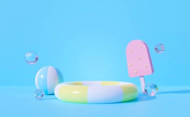 Sahne tasarımı için köpüklü su ve dondurma çubuğuyla mavi pastel arka planda şişirilebilir yüzüğün soyut 3D görüntüsü. Yaratıcı fikirler stüdyo odasında yaz eğlencesini asgari düzeyde tutuyor..
