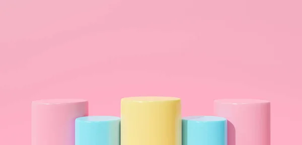 空白のステージのピンクの3Dレンダリング 製品のモックアップデザインを表示します パステルの背景に青い台座の勝者表彰台抽象的 かわいい漫画 創造的なアイデア ミニマルデザイン — ストック写真