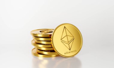 Ethereum madeni parasının ETH 3D görüntüsü beyaz arka planda izole edildi. Para birimi dijital engelleme teknolojisi konsepti. Kripto para birimi veya kripto para birimi sembolü tasarımı.