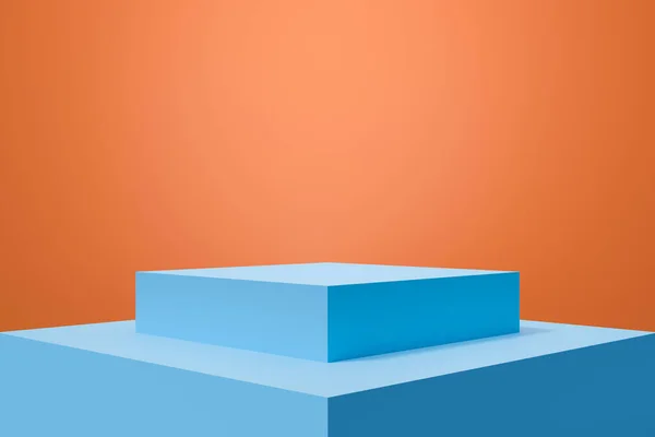 ブランクステージ表彰台台座 モックアップ ショーケース モダンな正方形のキューブボックスデザインのためのブルー3Dレンダリング 抽象オレンジの背景シーン 夏の創造的なアイデア最小限のスタジオルーム — ストック写真