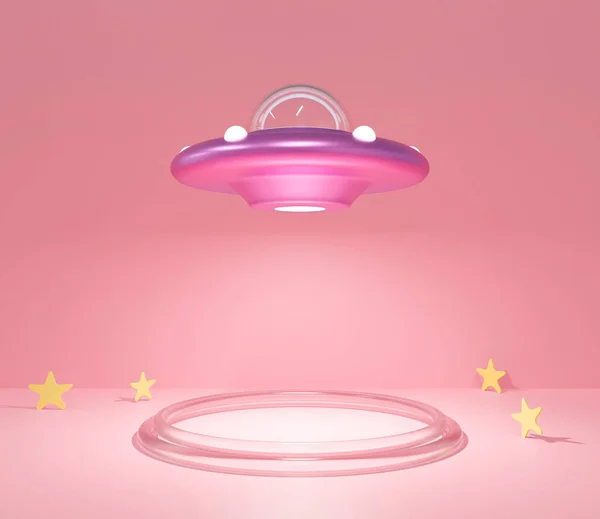 ディスプレイ製品とステージデザインのためのかわいい3Dレンダリング パステルピンクの背景シーンのUfo漫画 宇宙船や星で空飛ぶ円盤 ファンタジーSf 創造的なアイデアミニマリズム — ストック写真