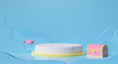 Abstract 3d rendering of white podium stand on blue pastel background scene with treasure chest for pedestal winner, display product, stage design. Creative ideas minimal summer fun in studio room.