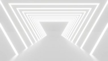 Boş beyaz arka plan döngüsünün 3 boyutlu animasyonu. Arkaplan için 4k video 3d görüntüleme. Gelecekteki teknoloji tünel inşaatı hareket grafiğinde. Kare koridor duvarı. İç mimari.