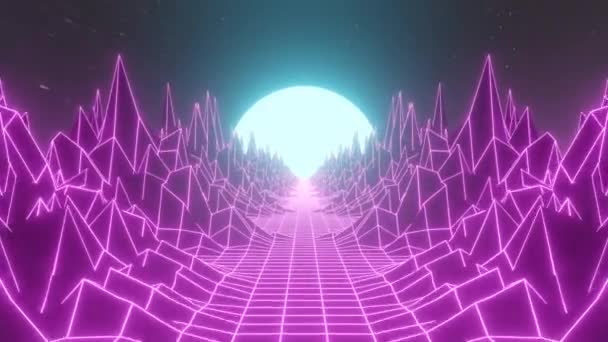 Animação 3D de neon rosa escuro espaço galáxia luz com horizonte montanha da década de 1980. 80s retro futurista cyberpunk cidade fundo abstrato grade paisagem design em movimento gráfico. 4k vídeo. — Vídeo de Stock