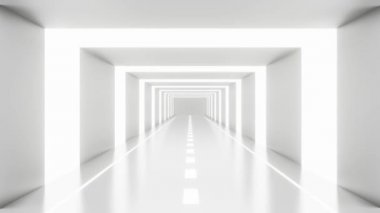 Boş beyaz arka plan döngüsünün 3 boyutlu animasyonu. Arkaplan için 4k video 3d görüntüleme. Gelecekteki teknoloji tünel inşaatı hareket grafiğinde. Koridor duvarı. İç mimari.