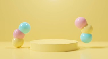 Boş sahnenin sarı 3D görüntülemesi, ürün modelleme tasarımı. Pastel arka planda parlak topların düşüşü ile özetlenmiş kaideyi kazanan podyum. Güzel karikatür. Yaratıcı fikirler minimalizm.