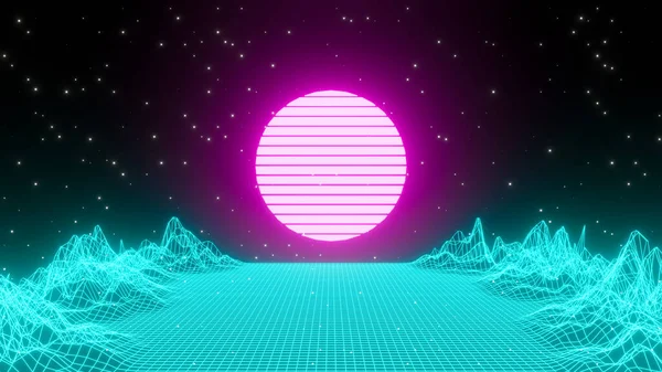 80s retro background abstract blue in cyber world. futuristic landscape city night with galaxy stars, sun and mountain. Laser game neon light future of the 1980s style. 3d render of banner design.