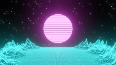 80 'lerin geçmişe dönük animasyon döngüsü. 1980 'lerin ufuk dağlı pembe neon ışık galaksisinin 3 boyutlu animasyonu. Fütürist siber punk şehri soyut şebeke tasarımı hareket grafiğinde. 4k video.