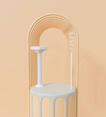 Pedestal 3d bej arka plandaki sütun için resimleme. Boş stand gösterisi, stüdyoda boş sahne tasarımı. Toprak tonları renginde masa satışı afişini düzenle.