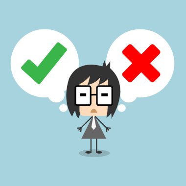 Vector businessman standing with speech bubble, making decision between right or wrong represent with checkmark and cross symbol clipart