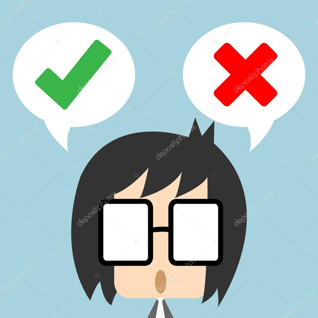 Vector businessman standing with speech bubble, making decision between right or wrong represent with checkmark and cross symbol