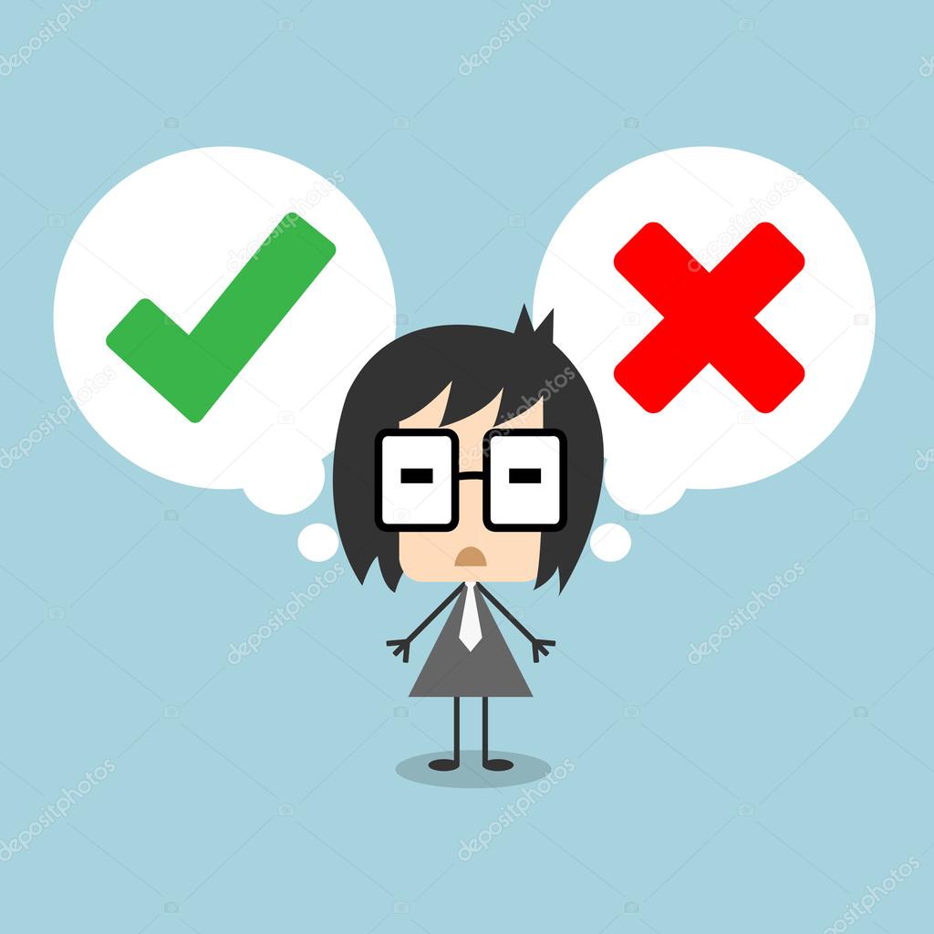 Vector businessman standing with speech bubble, making decision between right or wrong represent with checkmark and cross symbol