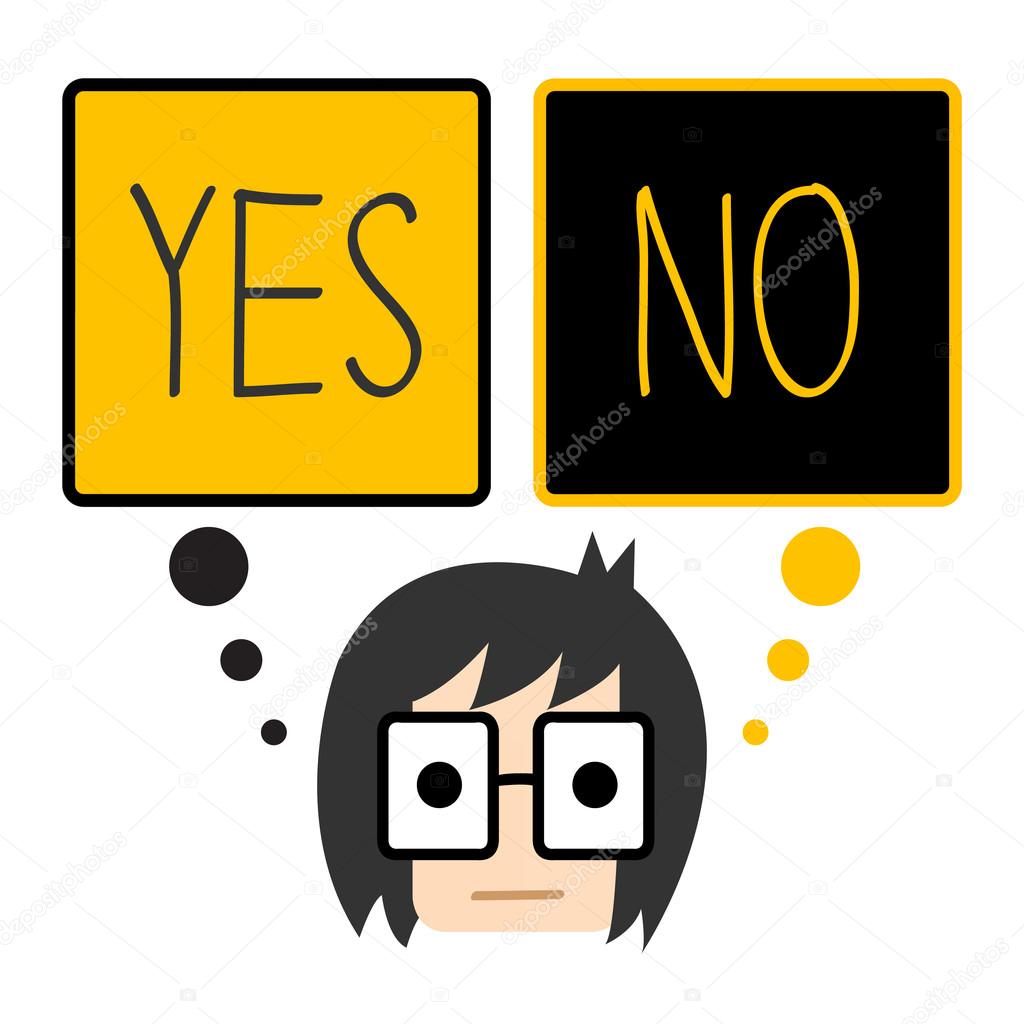Vector businessman standing with speech bubble, making decision between right or wrong represent
